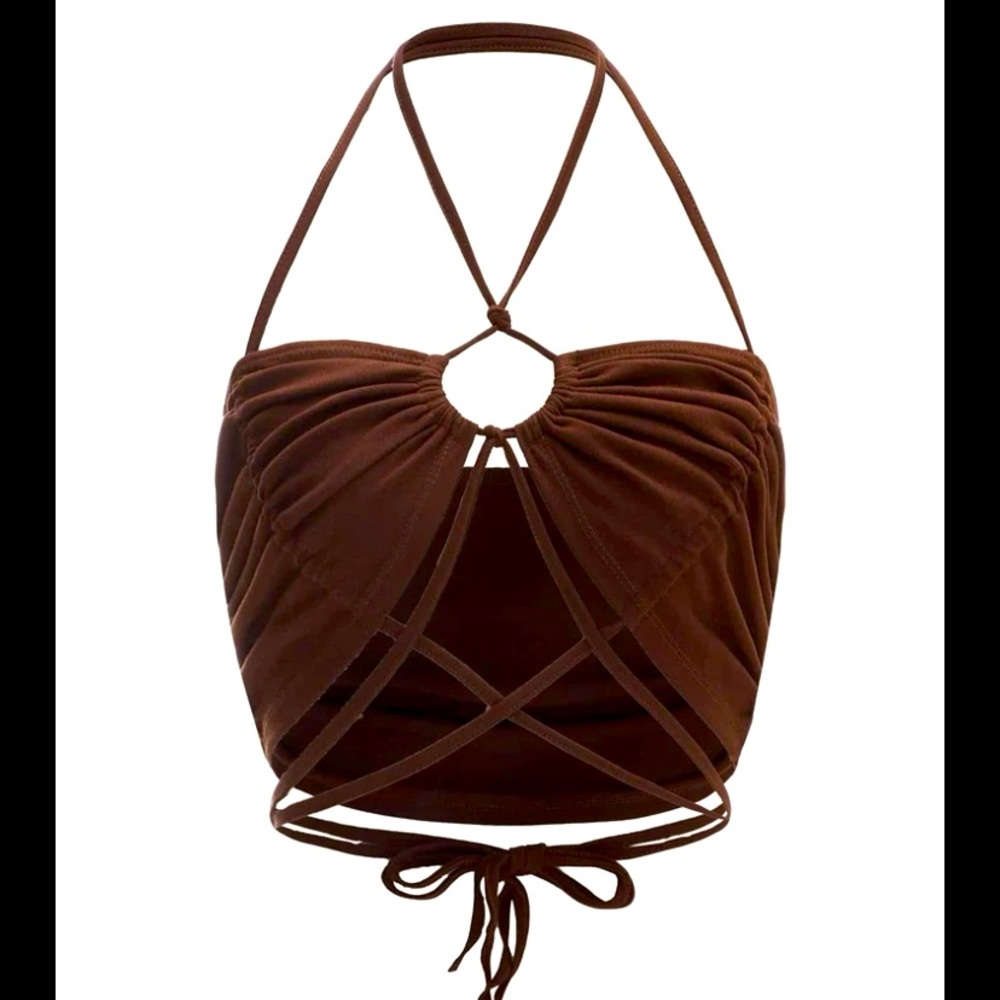 SHEIN Criss Cross Tie Backless Halter Crop Top Chocolate Brown